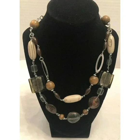 Premier Designs Wood Glass Acrylic Bead Statement Necklace Brown Beige Gray - Picture 1 of 11